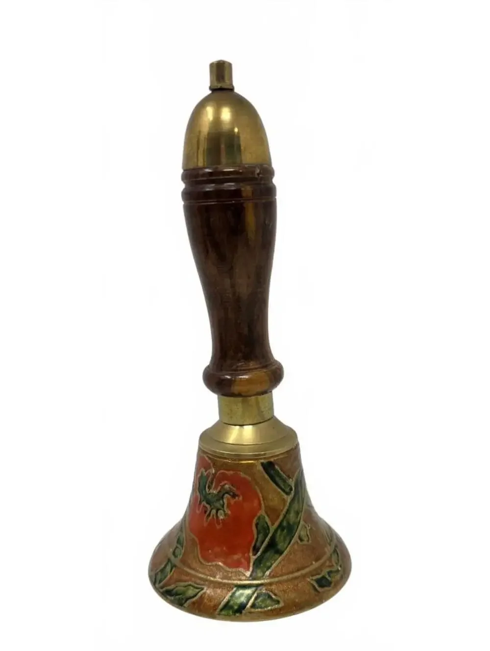 Vintage Enesco Brass Enamel Floral Hand Bell Wood Handle Made in India